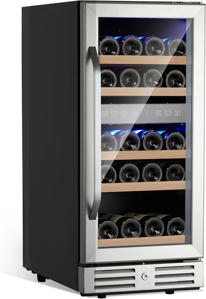 29 Bottle Wine Cooler Refrigerator, 15 Inch Dual Zone Built-in Wine Fridge for Home, Kitchen, or Office, Double-Layer Tempered Glass Door with Lock, Digital Temperature Control, Stainless Steel