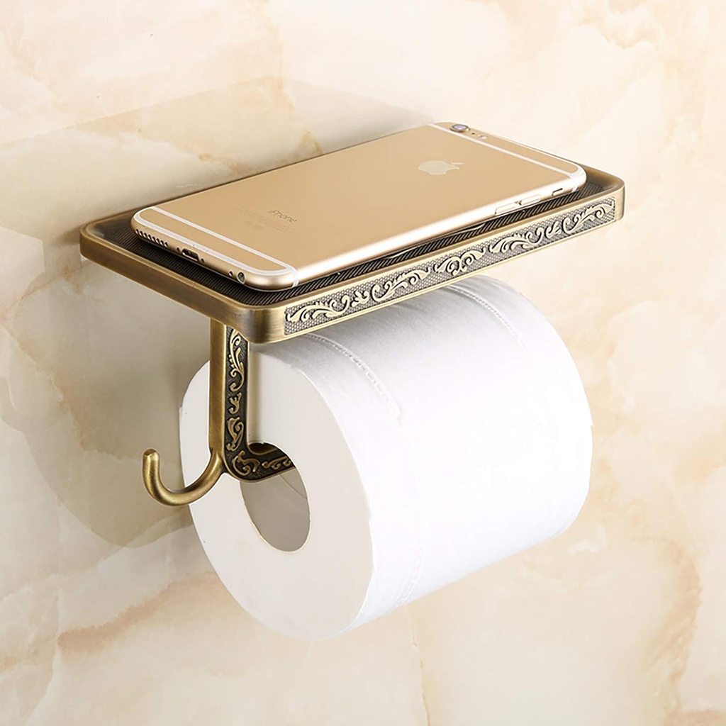 Vintage Wall Mounted Toilet Paper Holder with Shelf Antique Brass Bathroom Tissue Roll Holder with Phone Storage Tray, Decorative Aluminum Alloy Toilet Rack
