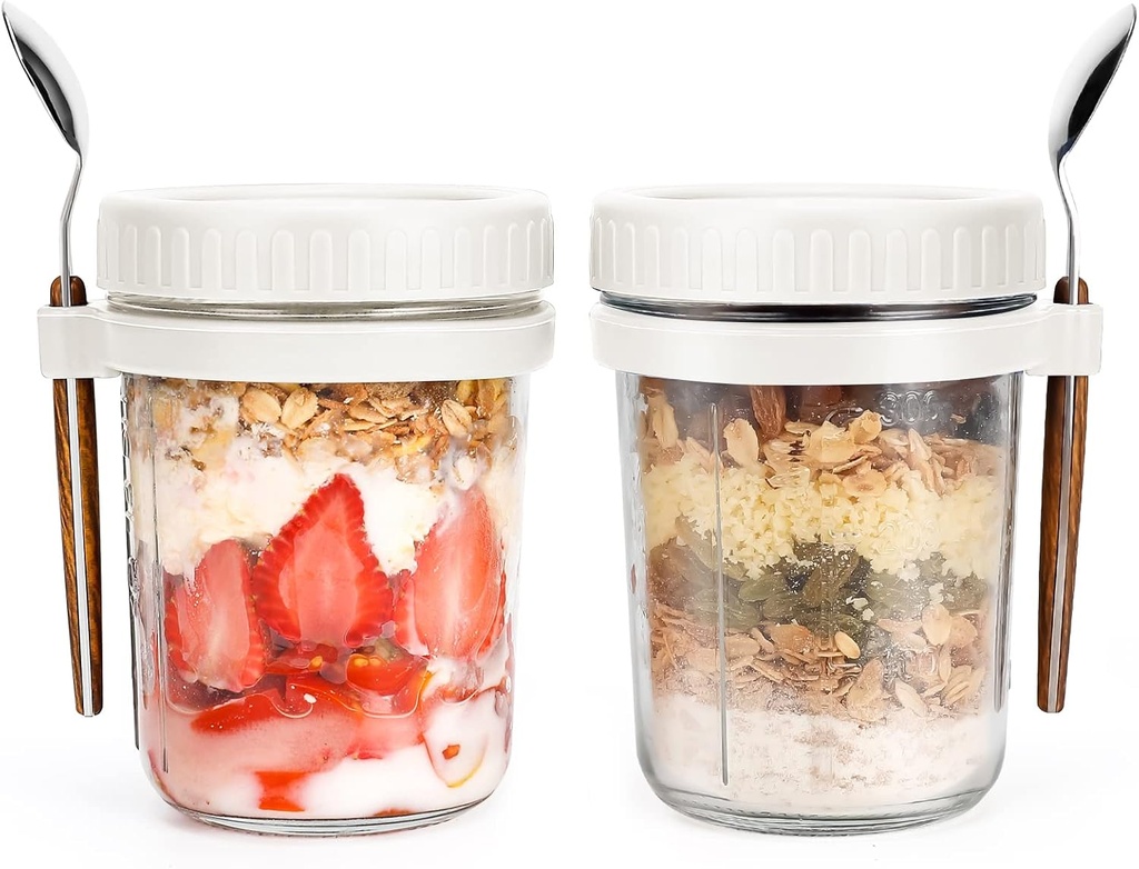 Overnight Oats Jars with Spoon and Lid 16 oz [2 Pack], Airtight Oatmeal Container with Measurement Marks, Mason Jars with Lid for Cereal On The Go Container (2pcs white)