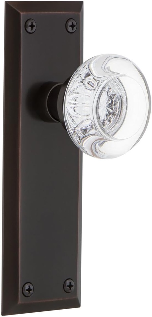 Nostalgic Warehouse New York Plate Privacy Round Clear Crystal Glass Door Knob in Timeless Bronze