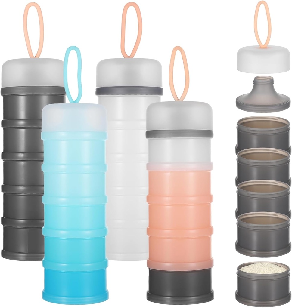 4 Pcs Protein Powder Travel Container, 5 Layers Stackable Formula Container to Go Portable Protein Powder Dispenser with Funnels Stand Supplement Storage Holder for Workout, Fitness, Travel