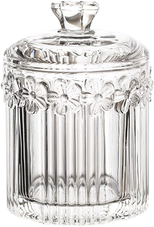Floral Crystal Glass Relief Flower Candy Dish Swab Box Storage Jar with Lid, 5x3.5 inches, 8 oz, 1 Count