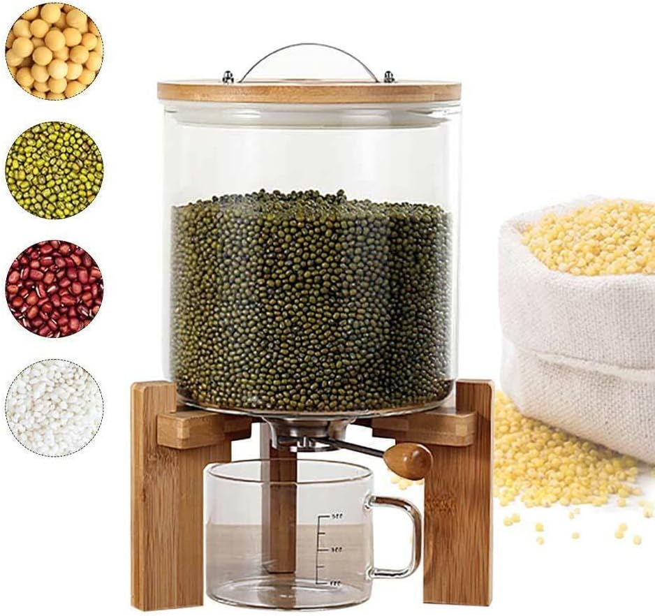 DYRABREST 5L Rice Dispenser, Flour and Cereal Container with Airtight Lid and Wooden Stand,Glass Food Storge Container for Kitchen Organization