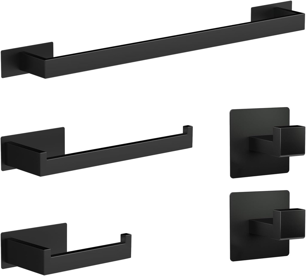 Self-Adhesive Bathroom Hardware Set 5 Pieces, Matte Black Stainless Steel Towel Bar Set, Includes 24Inch Single Rod, Towel bar,Toilet Paper Holder, Single Hook, Bathroom Towel Rack Set (Matte Black)