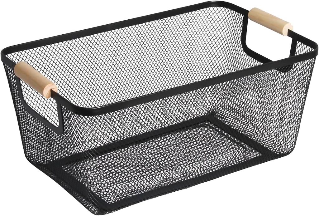 Metal Mesh Steel Basket, Large Wire Storage Organizer Basket Multi-function Hanging Kitchen Baskets with Wood Handle for Kitchen Bathroom Picnic Home, Rectangle-Black