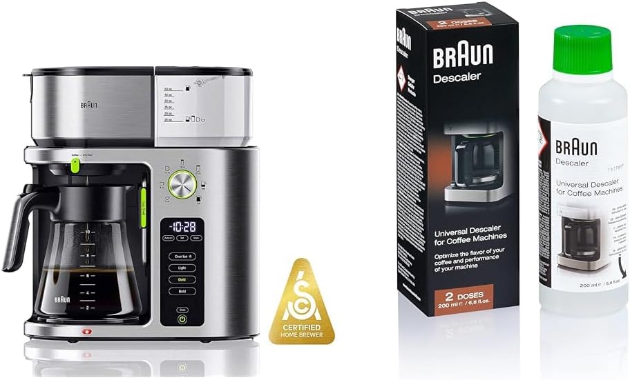 Braun MultiServe Coffee Machine 7 Programmable Brew Sizes / 3 Strengths + Iced Coffee & Hot Water & BRSC013 Descaling Solution, 6.8 Fl Oz (Pack of 1)