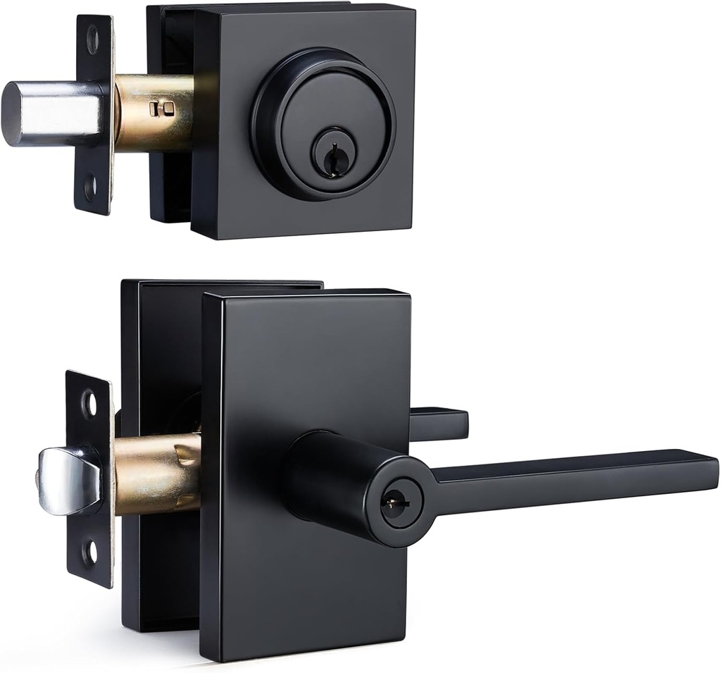 Matte Black Entry Door Handle Set - Modern Rectangular Lever with Single Cylinder Deadbolt, Reversible for Right & Left Handed Doors, Heavy Duty Front Door Lock for Home Office Security