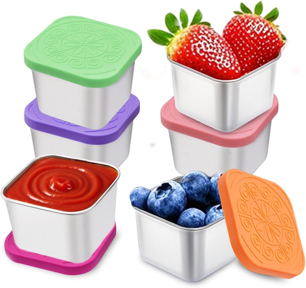 304 Premium Stainless Steel Snack Containers with Silicone Lids, Snackle Box Containers, Easy-Open Leak-Proof Kids for Taking Out for a Picnic, Lunch Box and Travel. (All - 6, 2 OZ)