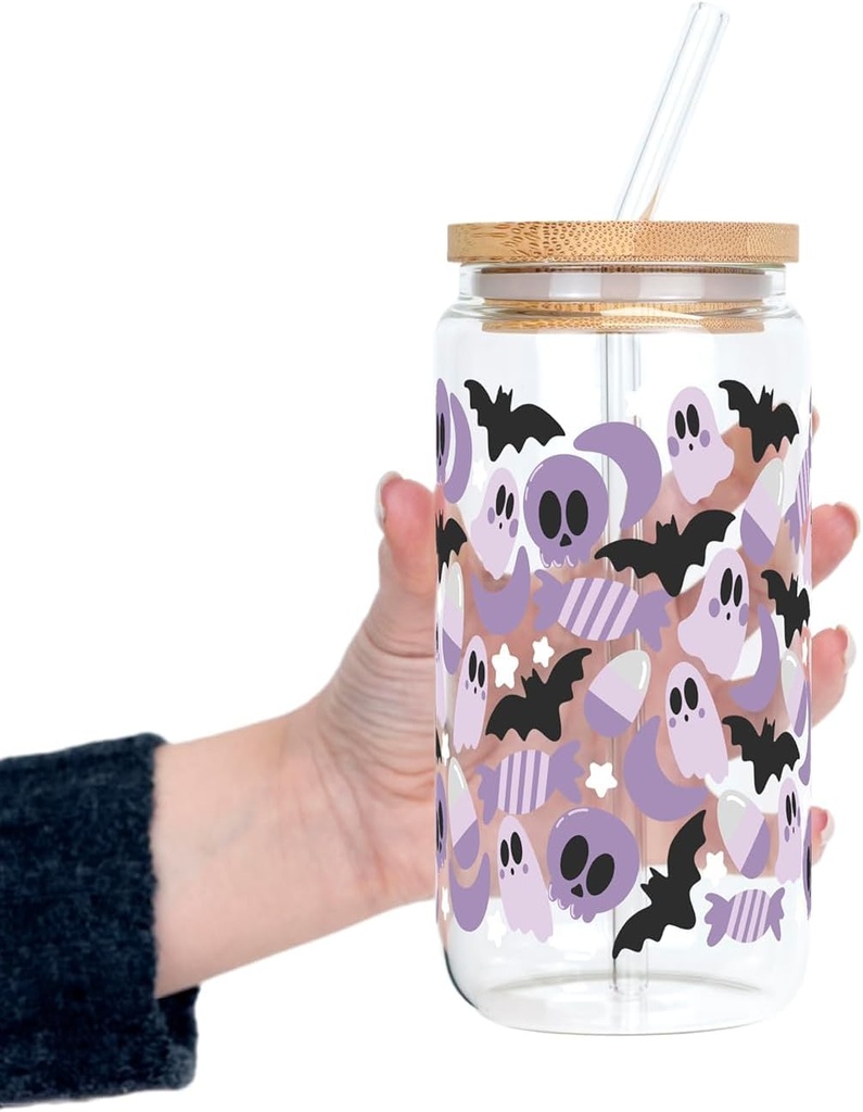 Sip-Sip Hooray! Sweet Spooky Halloween Glass Cup 16oz with Lid and Straw, Cute Pastel Ghosts Iced Coffee Tumbler, Dishwasher Safe, Gift for Her, Fall Drinkware