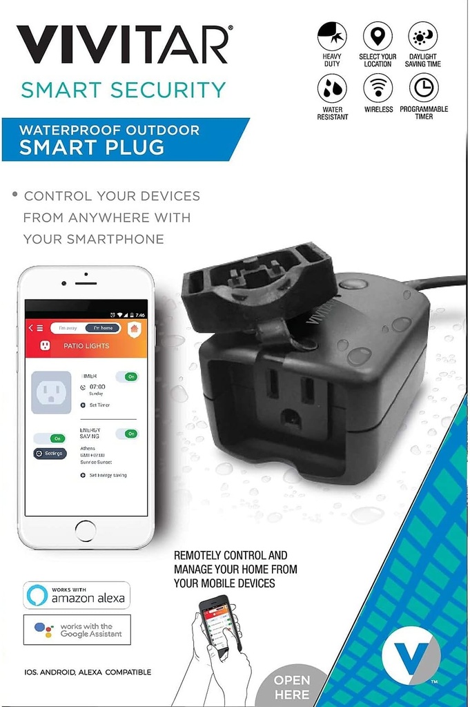 Vivitar Ha-1011 Outdoor Wi-Fi Outlet with Timers, Waterproof Outdoor Smart Plug 10Amp 3 Prong Outlet Built-in WiFi Set Multiple Timers Daylight Saving Time Controls On Smartphone, Black