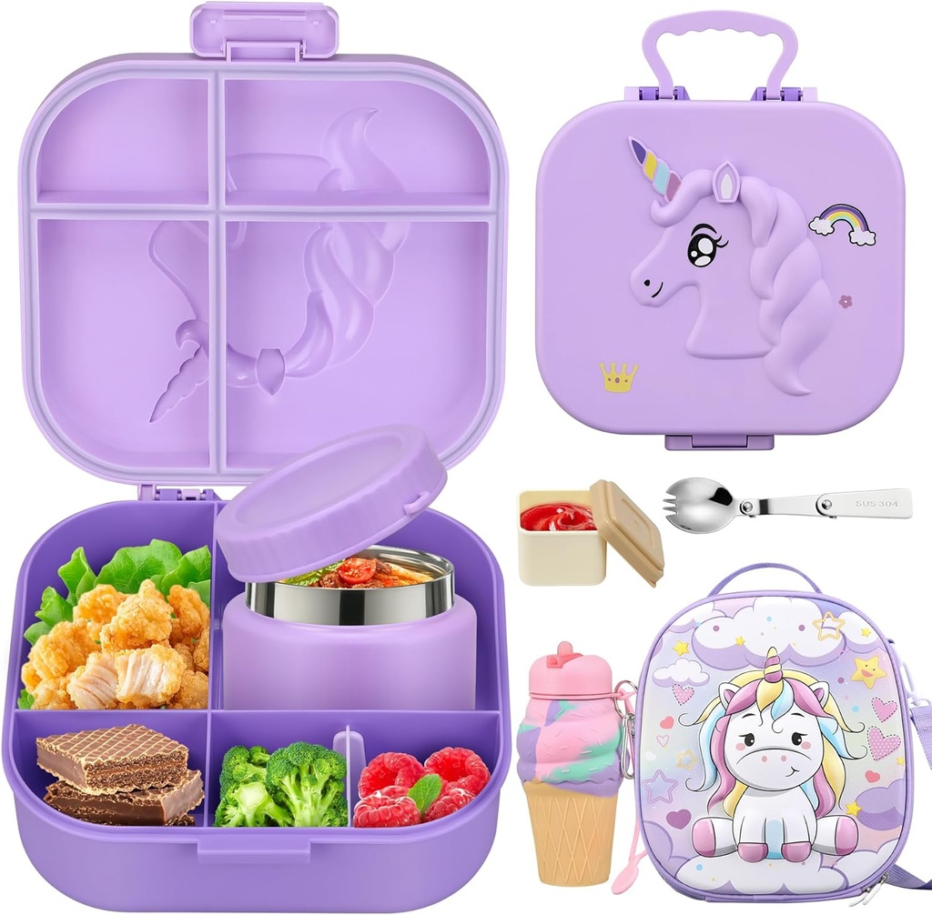 Lunch Box Kids Bento Lunch Box with 13oz Soup Thermo Leak-Proof Lunch Food Container with 5 Compartment Thermo Hot Food Jar and Insulated Lunch Bag for Kid Toddler Girls Boys to School