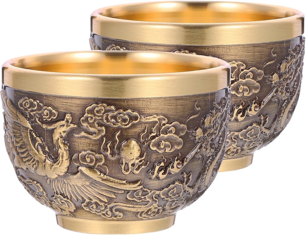 2pcs Yellow Copper Dragon Phoenix Tea Cup Metal Cup Vintage Teaware Embossed Pattern