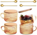 Ollieroo 4pcs Coffee Cups,Vintage Coffee Mugs, Overnight Oats Containers with Lids and Spoons, 14oz Coffee Glasses, Drinkware Set for Iced Coffee,Yogurt,Milk,Tea,Coffee Bar Accessories,Amber
