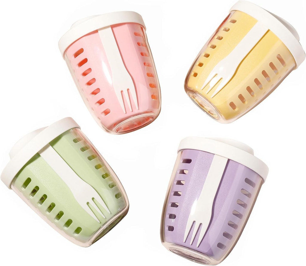 Fruit Salad Storage Cup With Lids and Fork, 20 Oz Plastic Airtight Fruit Storage Containers for fridge with BPA-Free, Leak-Proof, Reusable for Office,Party,Travel. (pink+green+yellow+purple)