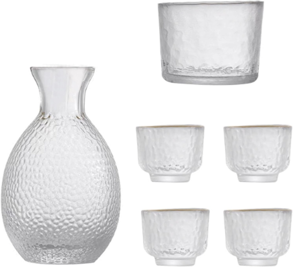 Glass Sake Set Japanese Sake Set Saki Cup Set Hot and Cold Sake Container Sake Pot Set with 4 Cups and Wine Warmer (Gold Edge)