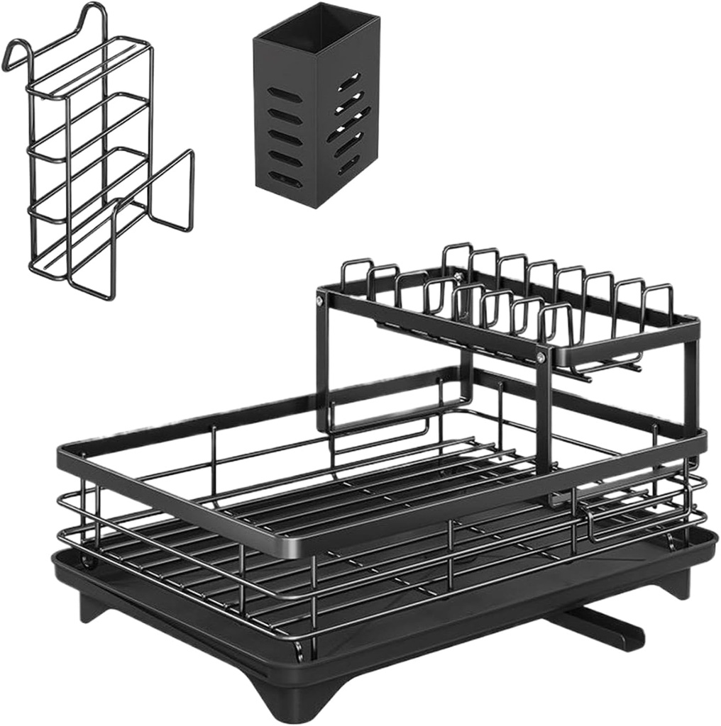 Dish Drying Rack - 16.73x11.81in 2 Tier Dish Drainer for Utensil Organization, Portable Sink Storage with Cutlery Holder, Kitchen Organizer for Home, Restaurant, Apartment, RV