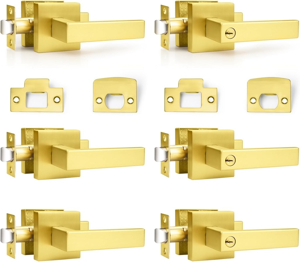 Probrico 3 Pack Gold Entry Keyed Alike Door Handle and 3 Pack Square Gold Passage Door Handle Bundle for Exterior and Interior Doors