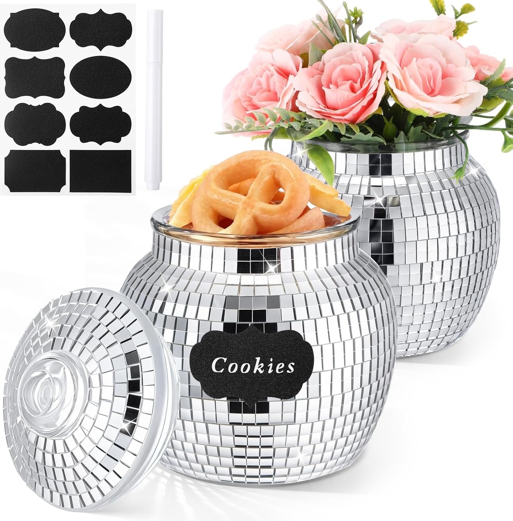 Honeydak 2 Pcs Disco Ball Candy & Cookie Jar with Lid 22 oz Glass Apothecary Jar Food Storage Canister Disco Ball Vase for Party Wedding Home Decorative Kitchen Storage Jar Gift Giving