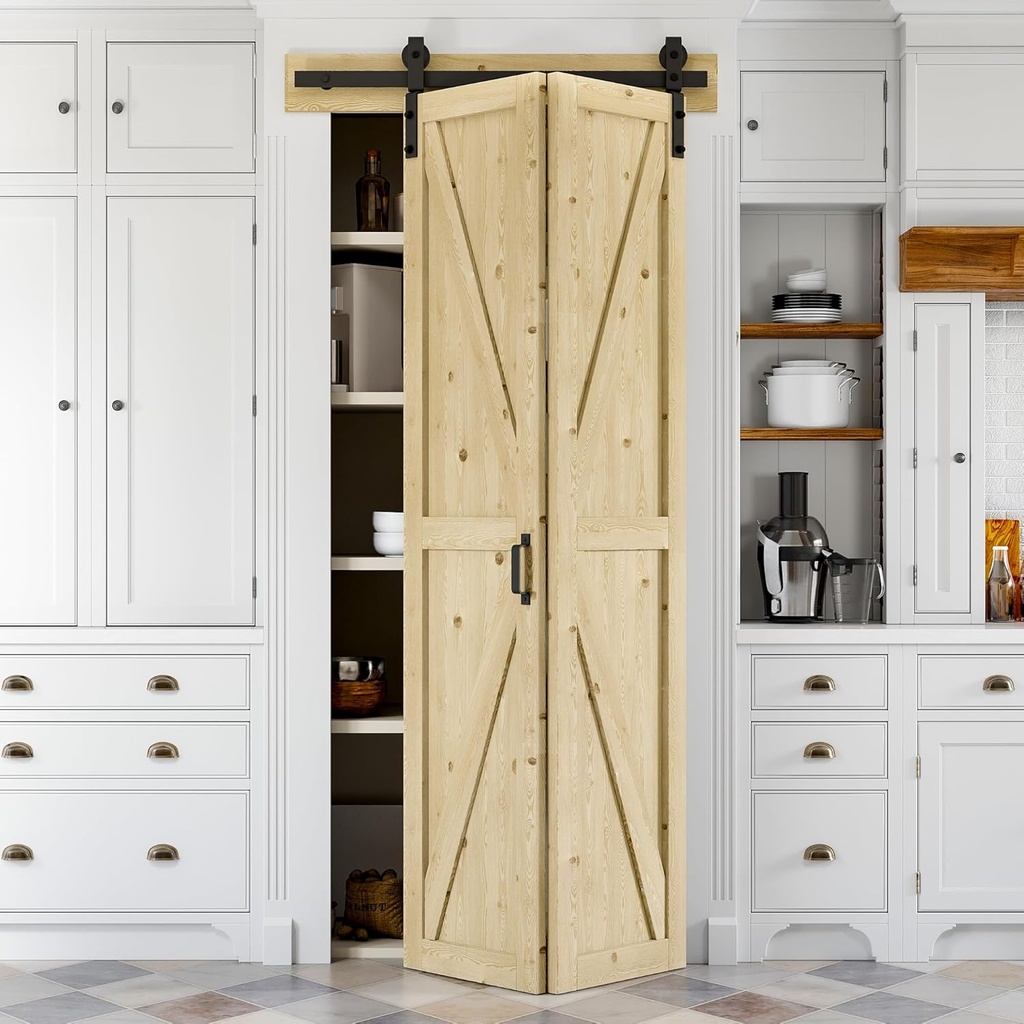 40" x 84" Bi Fold Barn Door, Unfinished Pine Wood K Shape Bifold Barn Door with Header Board & Hardware Kit Included, Folding Barn Door Panels No-Assembly Required