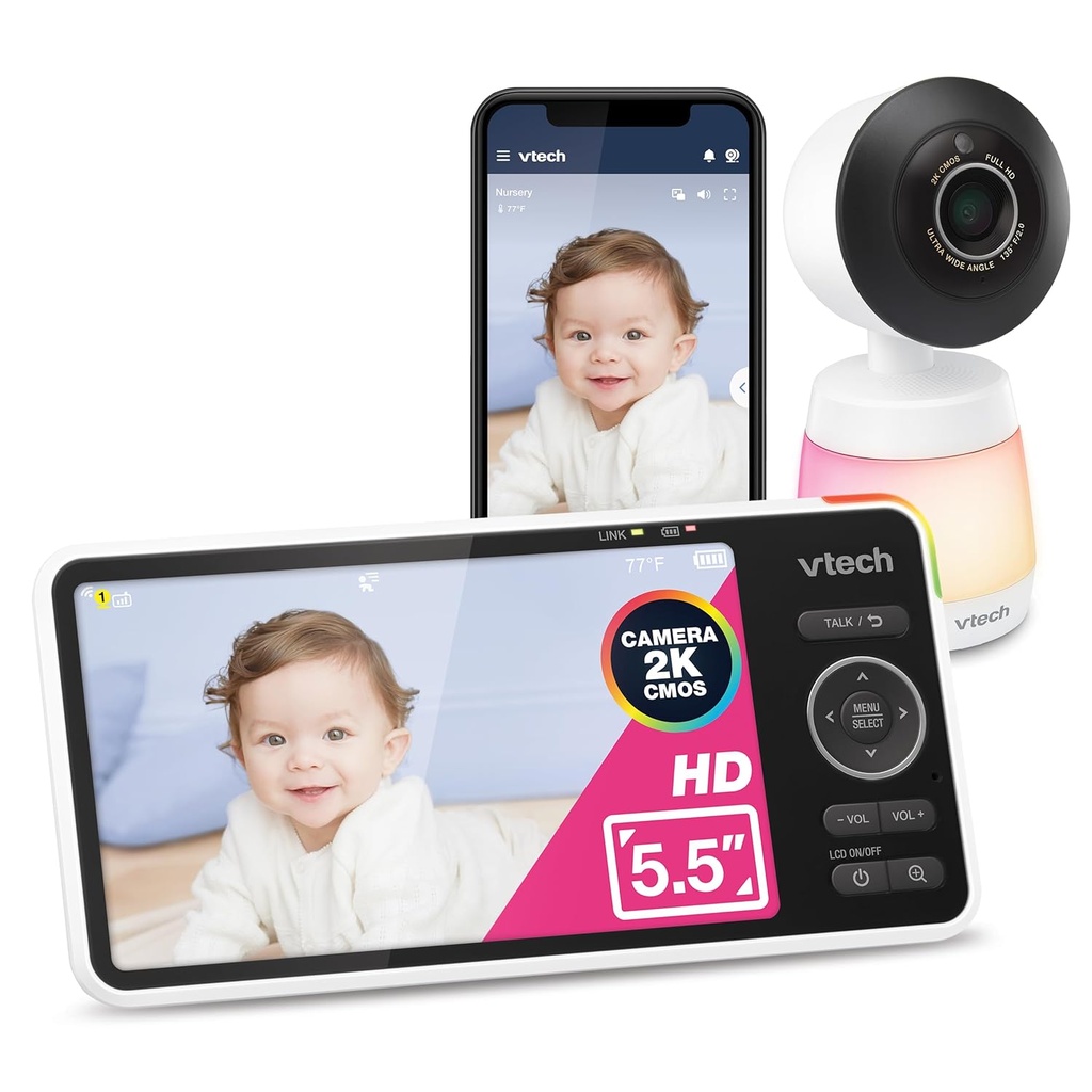 VTech Smart WiFi Baby Monitor, 2K CMOS Sensor Camera, 5.5-inch HD IPS Screen, Clear Infrared Night Vision, Pan-Tilt, 24x Zoom, 2-Way Talk, Multi-Color Night Light, Soothing, Free App: Smart HD Plus