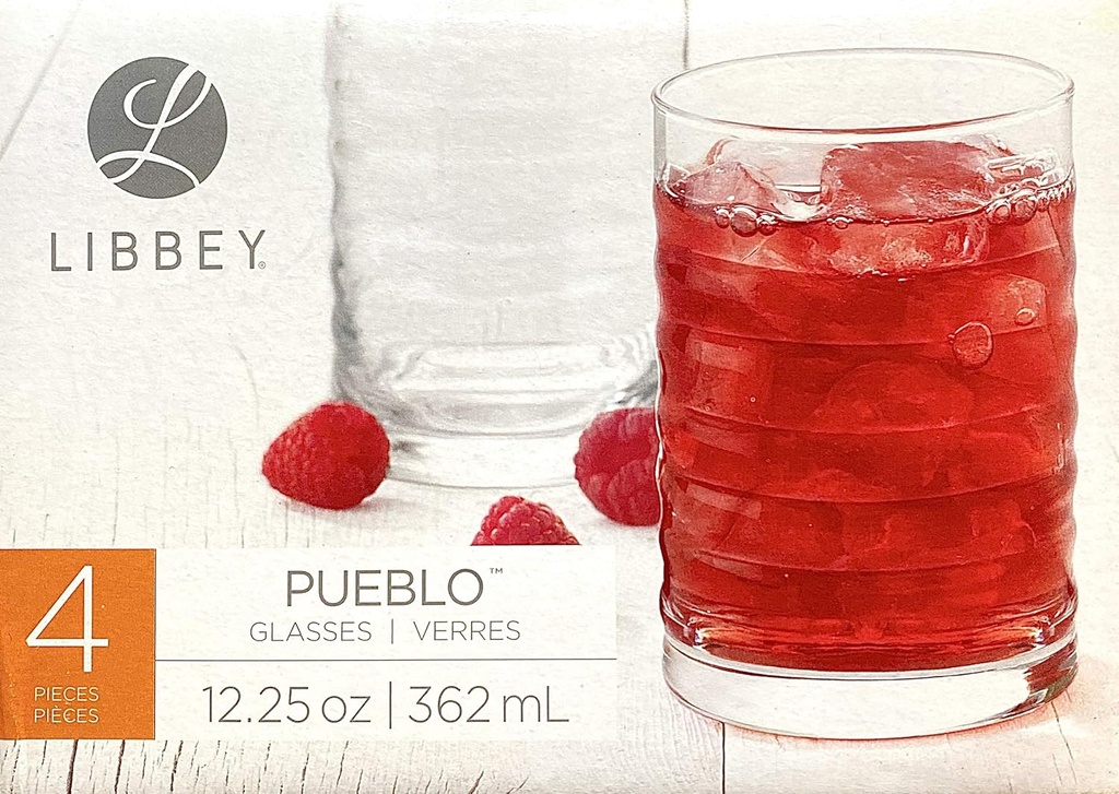 Libbey 4-Piece Pueblo Rocks Glass Set, Red, 12.25 oz, Modern, Reusable, Dishwasher Safe