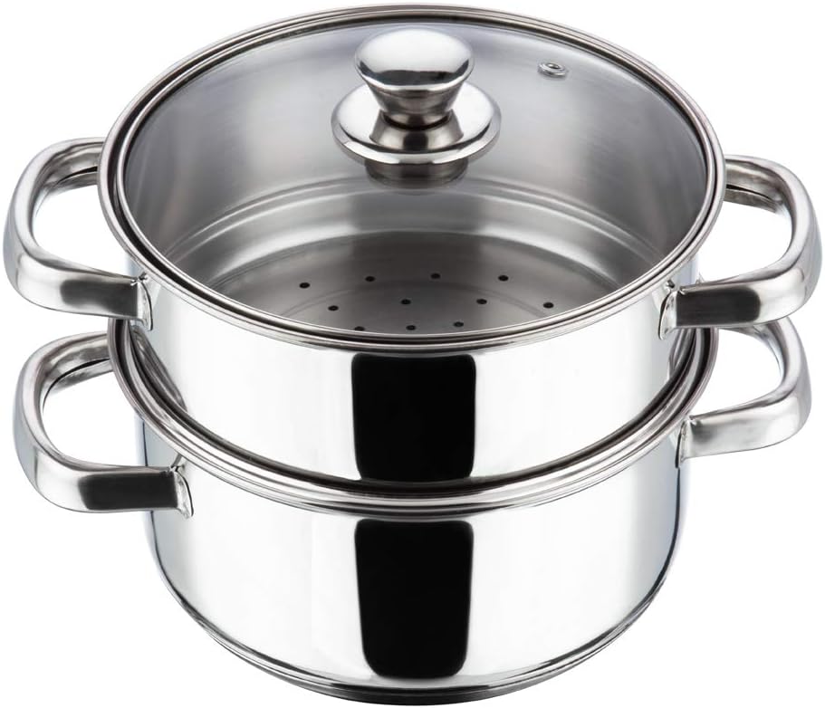 Vinod Stainless Steel Steamer 2 Tier with Glass Lid 20 cm | 2.5 mm Thick Base | Multi Purpose Momos, Modak Maker Steamer | Induction and Gas Base | Silver