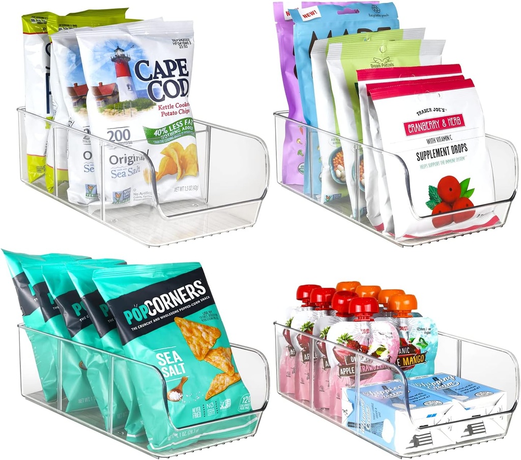 ELTOW 4-Pack Snack Organizer, 3-Compartment Plastic Bins with Removable Dividers, Chip & Food Storage for Pantry, Spices, Fridge, and Cabinet