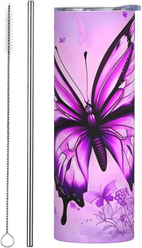 20ozPurple Butterfly stainless steel straw lid cup, double-layer stainless steel, can be drunk directly or with a straw