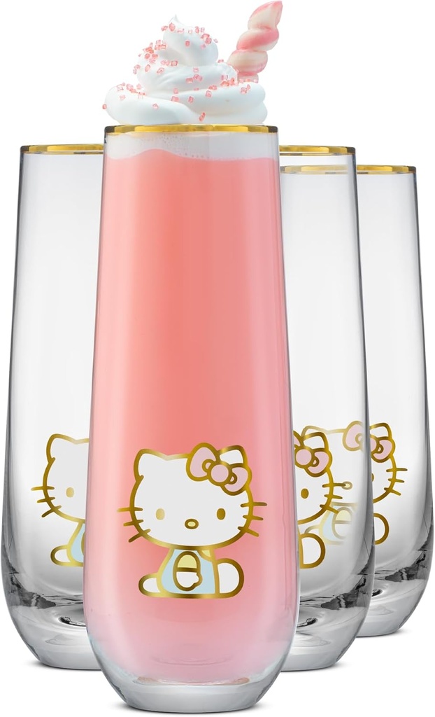 JoyJolt Hello Kitty Stay Gold Stemless Flutes, 9.4oz Drinking Glasses Set of 4, Sanrio Highball Glasses, Kawaii Hello Kitty Kitchen Glass Set Ideal for Water Juice Smoothies, Skinny Tall Glasses