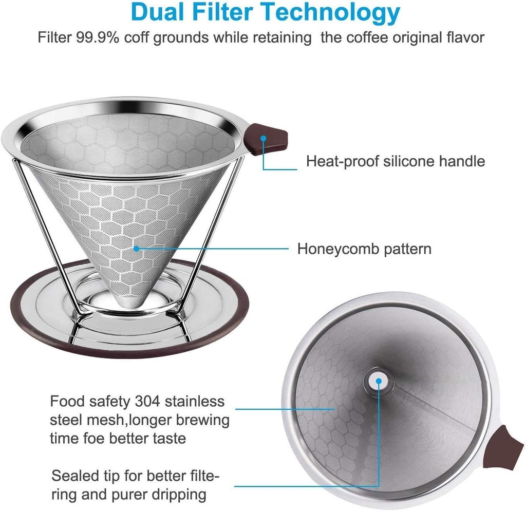 Stainless Steel Pour Over Coffee Cone Filter, Honeycombed Cone Coffee Filter with Removable Stand,Paperless pour over coffee maker,Reusable Pour Over Coffee Filter 1-2 cup