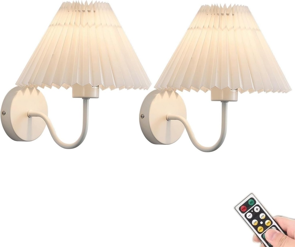 Modern Battery Operated Wall Sconces Set of 2,Indoor Bedside Rechargeable Battery Powered Wall Lights, Wireless Dimmable Remote Wall Lamp Fixture White Decor for Bedroom Corridor Bathroom