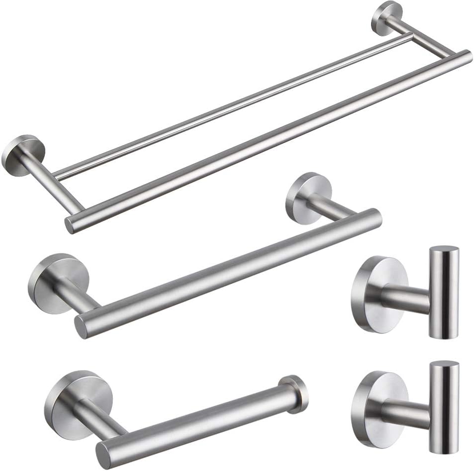 5-Pieces Bathroom Accessories Kit Bathroom Hardware Set Brushed Stainless Steel Wall Mounted - Includes 24" Double Towel Bar, 12" Hand Towel Bar, Toilet Paper Holder, 2X Robe Towel Hooks