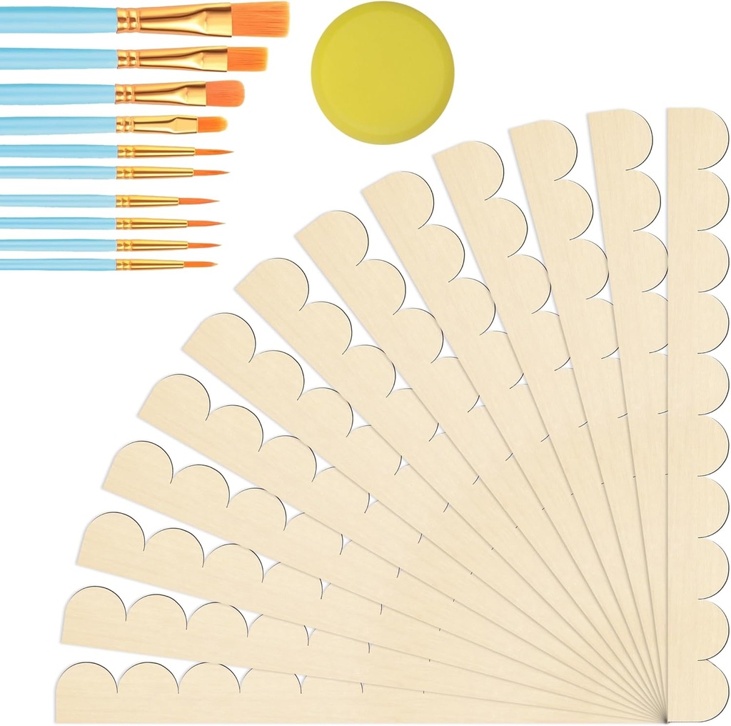 12+11P Unfinished Scalloped Decorative Wood Trim Kit, Larbeti Wooden Scalloped Moulding Trims for DIY Scallop Edge Moulding with 12P Scallop Wood Edge,10P Brushes,1P Sponge for Window, Door, Shelf
