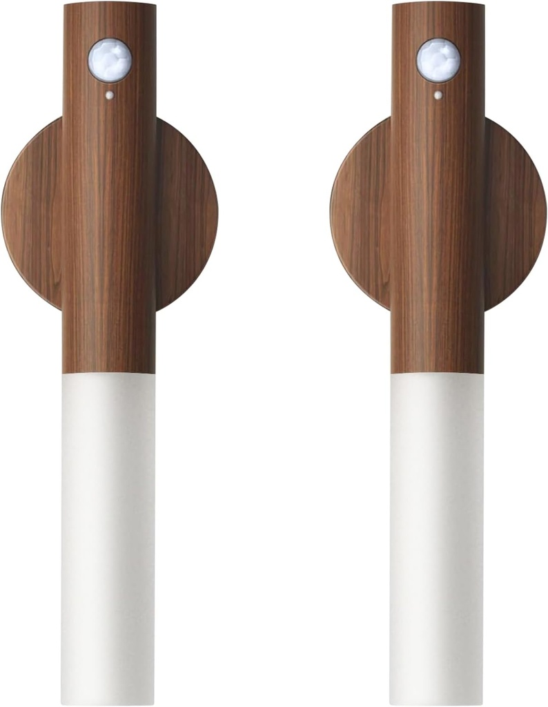 Wooden Motion Sensor Lights Indoor - Magnet Body Hallway Rechargeable LED Wireless Battery Operated Wall Sconce, Portable Decor Torch Night Lighting for Bedroom (Walnut Wood 2PCS)