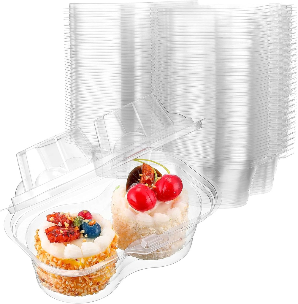 Eaasty 150 Pcs 2 Compartment Plastic Cupcake Containers Disposable Deep Cupcake Carrier Holder Box with Lids Stackable Clear Dessert Container for Muffin Pies Weddings Birthday Party