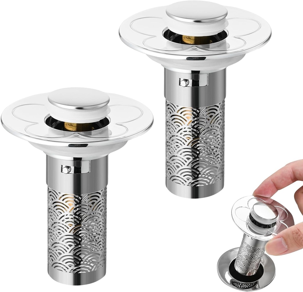 2PCS Bathroom Sink Stopper Hair Catcher, Pop Up Sink Drain Filter with Removable Stainless Steel Filter Basket for Bathroom Sink, Anti Clogging Hair Catcher (Suitable for 1.1-1.37 Inner Diameter)