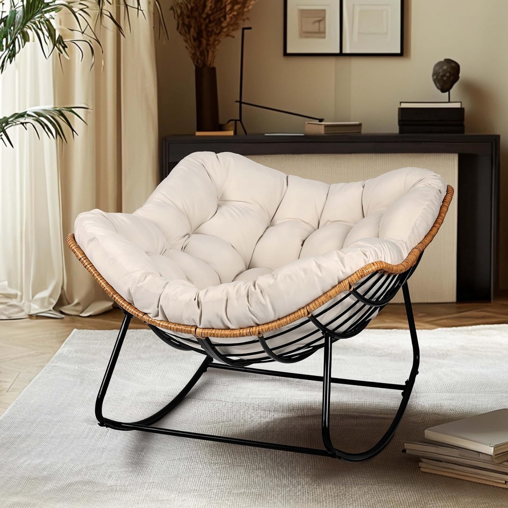 Rocking Egg Chair, Outdoor Rocking Chair with Thick Cushion, Modern Indoor Outdoor Papasan Rocking Chair, Lounge Rocker for Balcony, Living Room, Bedroom, Porch, Patio, Lawn, Garden (Ivory)