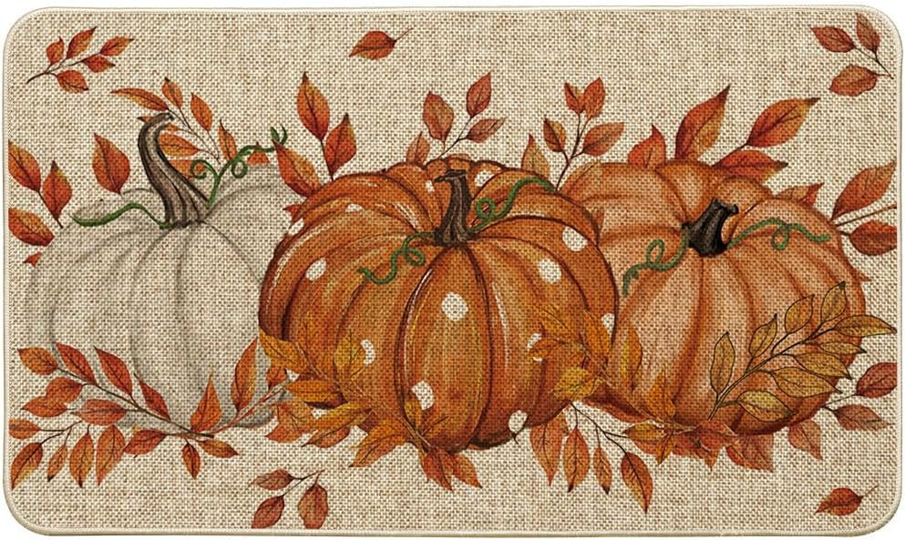 Artoid Mode Orange Dot Pumpkin Eucalyptus Fall Doormat, Autumn Home Decor Low-Profile Switch Rug Door Mat Floor Mat for Indoor Outdoor 17x29 Inch