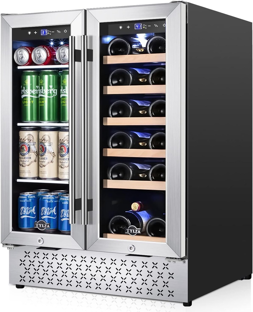 Tylza Wine and Beverage Refrigerator 24 Inch Dual Zone, French Door Wine and Beverage Cooler 24'' Built-In or Freestanding Drink Fridge, Under Counter Beer Refrigerator