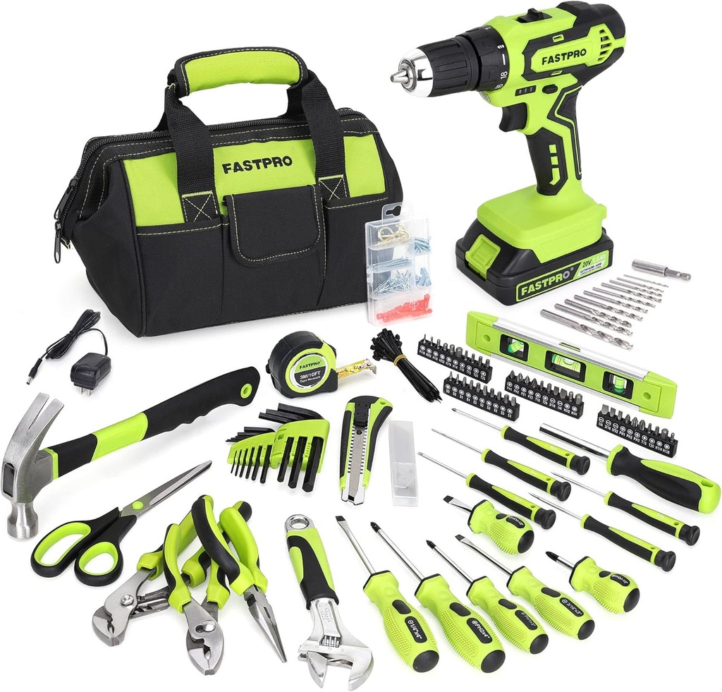 FASTPRO 232-Piece 20V Cordless Lithium-Ion Drill Driver & Home Tool Set, Household Repairing Tool Kit with Drill, 12-Inch Wide Mouth Storage Tool Bag, Green