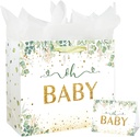 13" Large Baby Boy Girl Gift Bag for Baby Shower or Birthday with Handle, Tissue Paper and Greeting Card (13" Green)