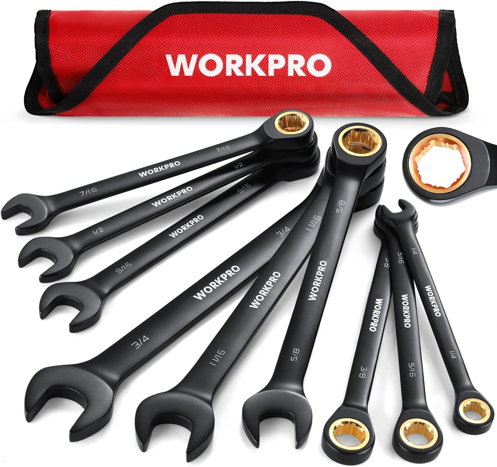 WORKPRO 9-Piece Anti-Slip Ratcheting Combination Wrench Set, SAE 1/4"-3/4", 72-Teeth, Cr-V Constructed, Black Ratchet Wrenches Set with Roll Up Pouch