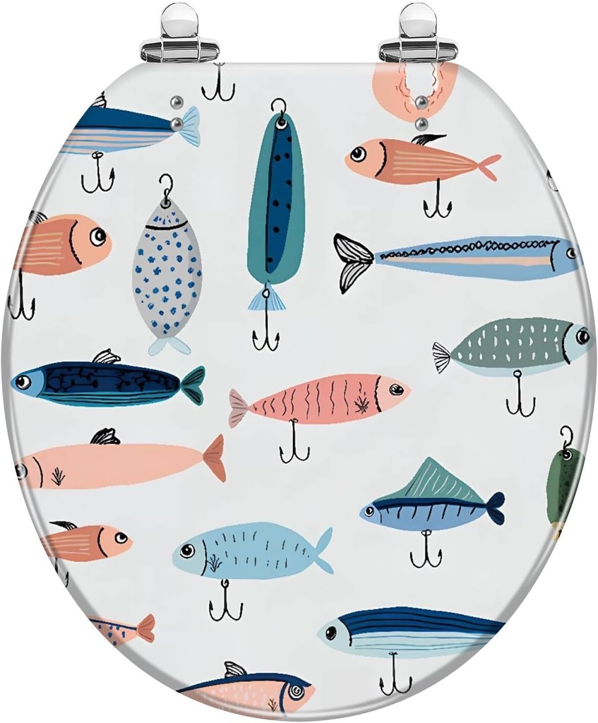 Round Toilet Seat Various Fishing Lures Different Spoons Wobblers crank minnow Hand Resin Toilet Seat Quietly Close Quick Release Hinges with Cover Bumpers Decorative Easy to Install Clean