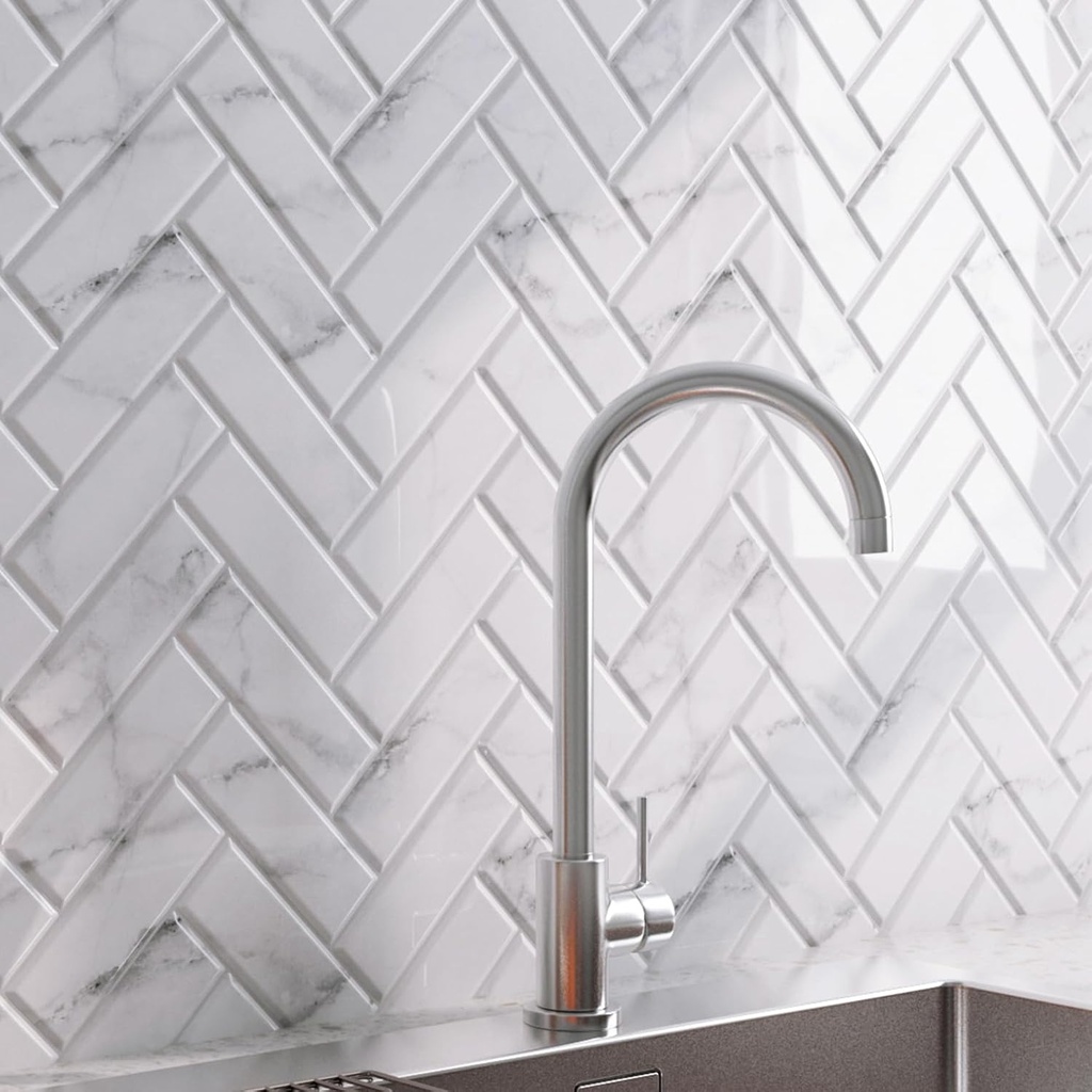LaCheery 18 Tiles 12"x12" Marble Herringbone Peel and Stick Backsplash White Herringbone Backsplash Tile for Kitchen Peel and Stick On Tile Backsplash for Kitchen Wall Stove Bathroom Sink Back Splash
