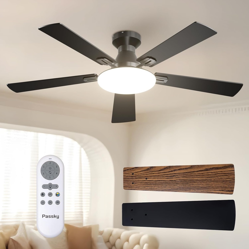 Ceiling Fans with Lights, 52 inch Flush Mount Ceiling fan with Remote Control, Low Profile Ceiling Fan for Bedroom, Farmhouse, Reversible, 3CCT, Dimmable, Noiseless DC Motor, Black