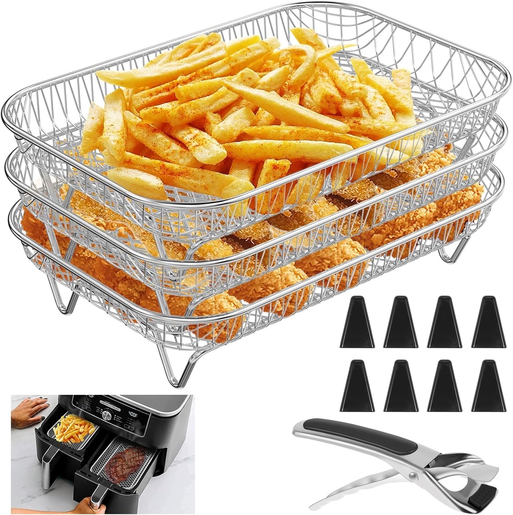 Air Fryer Rack Accessories for Ninja Dual Basket, 3 Layers, 304 Stainless Steel Stackable Bacon Air Fryer Accessories for Ninja AF300UK, Salter/Instant/EMtronics, with Clip