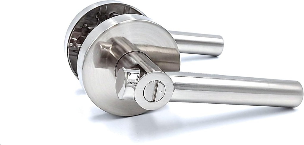 OKAR Heavy Duty Satin Nickel Door Handle Privacy Bath and Bedroom Door Lever, Lock Keyless Lockset, Reversible Flat Lever with Round Rosette.