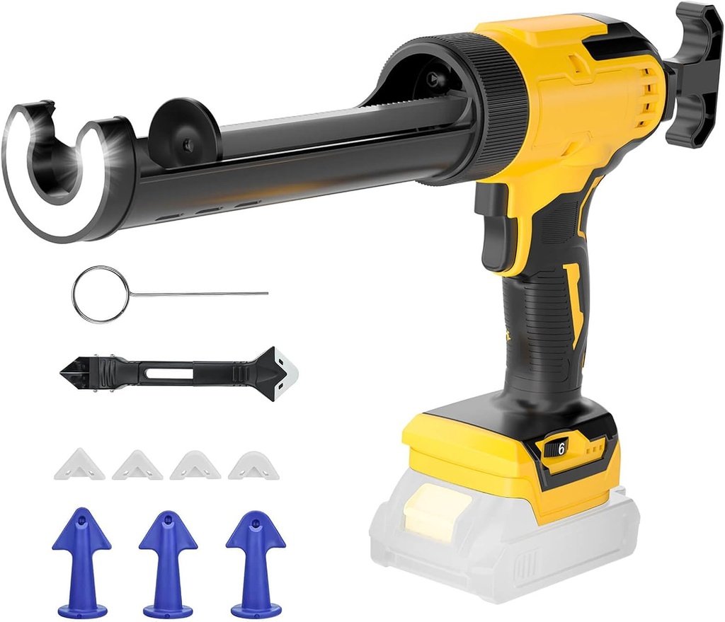 Cordless Caulking Gun Compatible with DeWalt 20V Max Battery (Tool Only) 10oz Electric Caulking Gun with Anti-Drip, 6-Speed,LED Light – Ideal for Sealing, Filling & Repairing Windows, Bathrooms