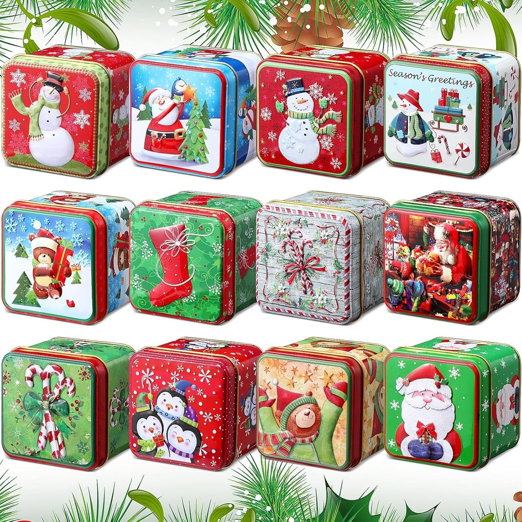 Lallisa 24 Pcs Christmas Cookie Tins with Lids 12 Styles Square Xmas Candy Tin Set Small Metal Candy Box Mini Tinplate Cookie Candy Boxes for Gift Giving Holiday Party Favors, 2.95 x 2.95 x 2.56 Inch