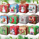 Lallisa 24 Pcs Christmas Cookie Tins with Lids 12 Styles Square Xmas Candy Tin Set Small Metal Candy Box Mini Tinplate Cookie Candy Boxes for Gift Giving Holiday Party Favors, 2.95 x 2.95 x 2.56 Inch
